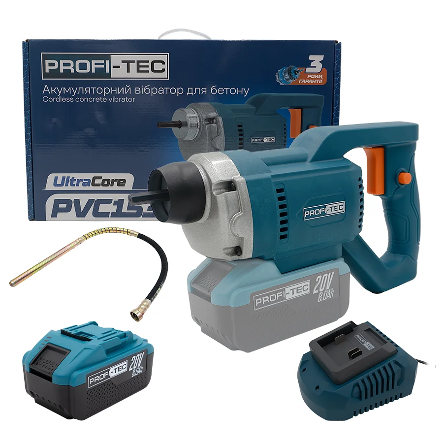 Акумуляторний вібратор для бетону PROFI-TEC PCV1535 (1×PT2080EP (8.0 Аг), зарядний пристрій)