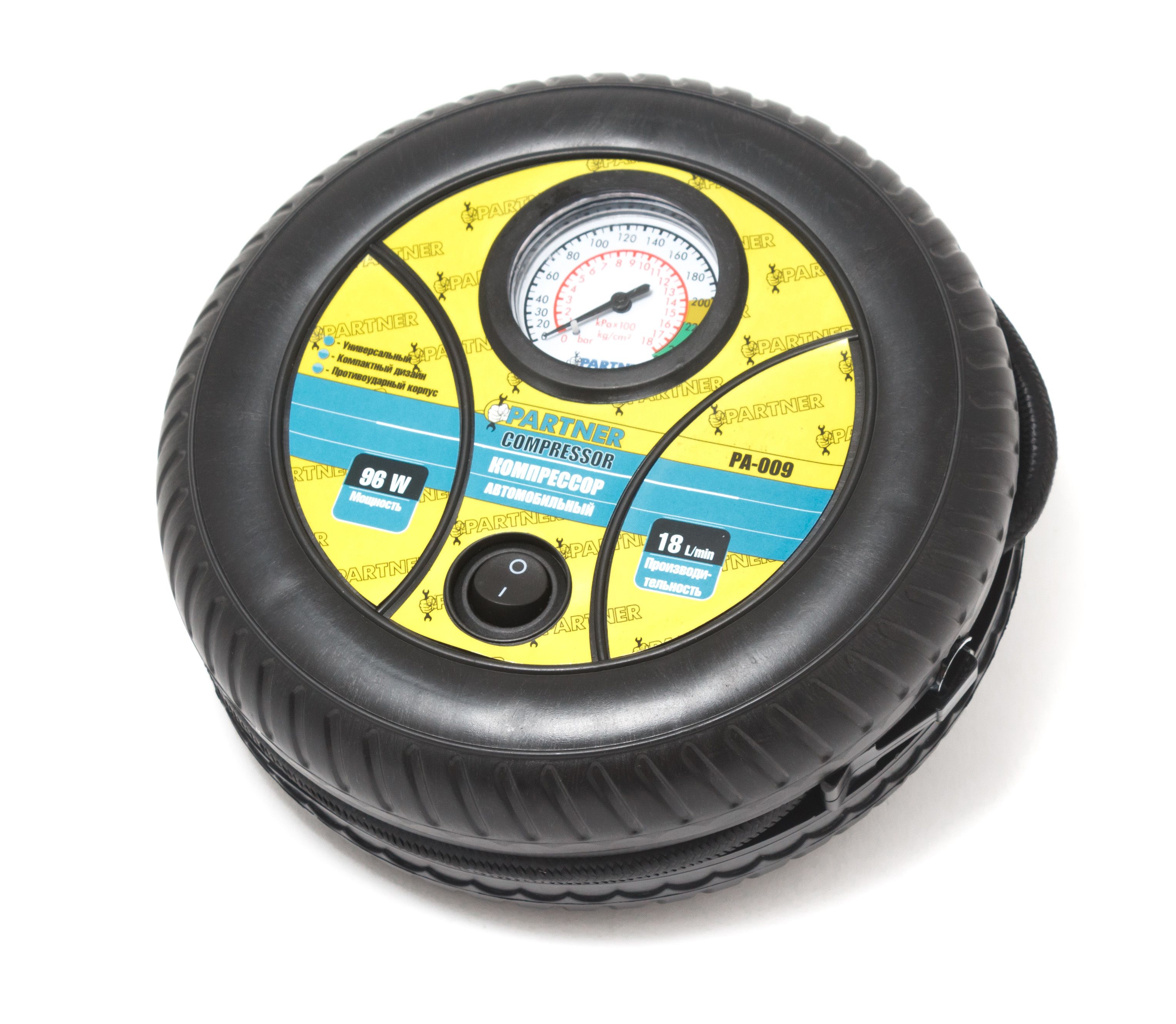 Автомобільний компресор PA-009  quot;PARTNER quot; (18л/хв, 8А)  quot;колесо quot; 12V Partner PA-009