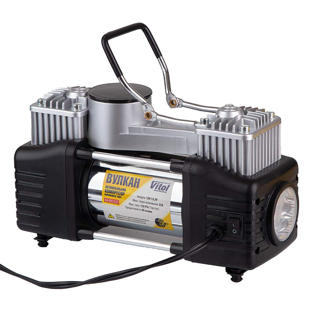 Компресор автомобільний 'Вулкан' KA-B12122 150psi/25Amp/90л/клеми/шланг 7,5м з дефлятором/лixтар/2 циліндри